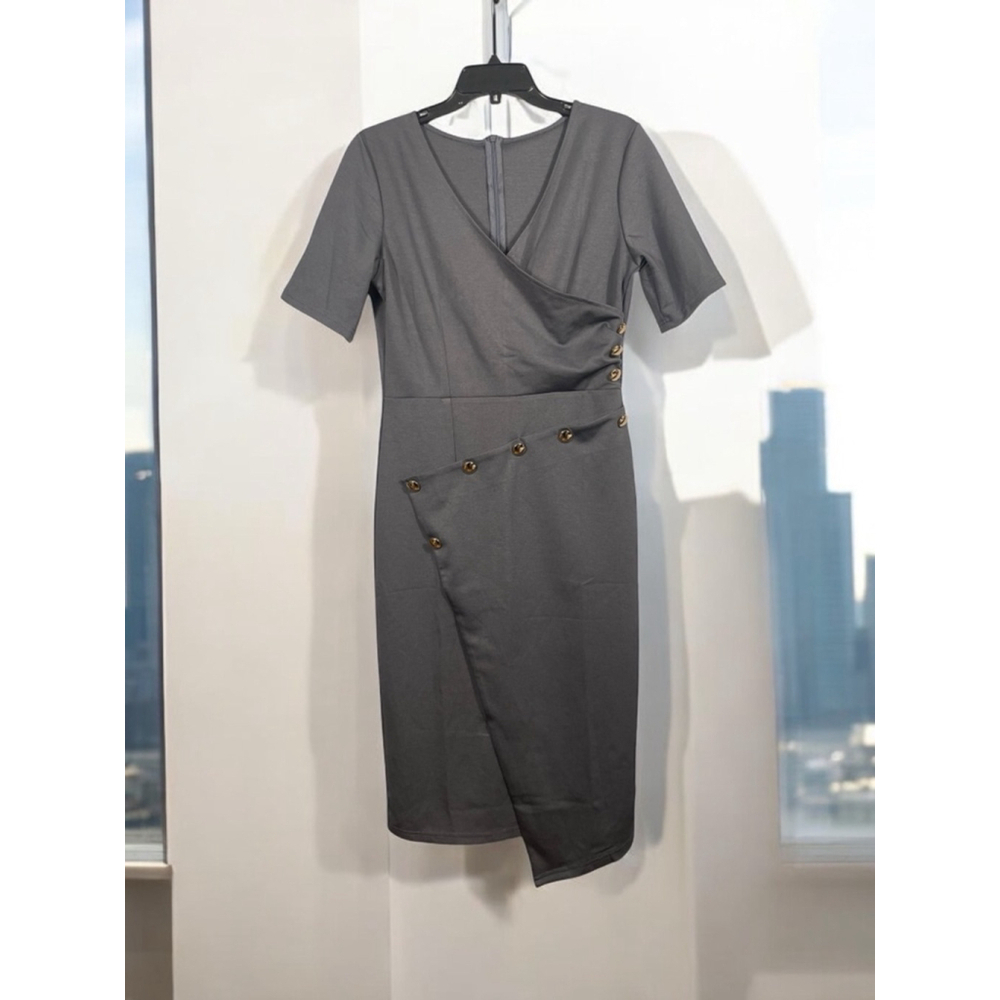 Size M gray dress short sleeve asymmetrical hem gold buttons stretchy vneck midi